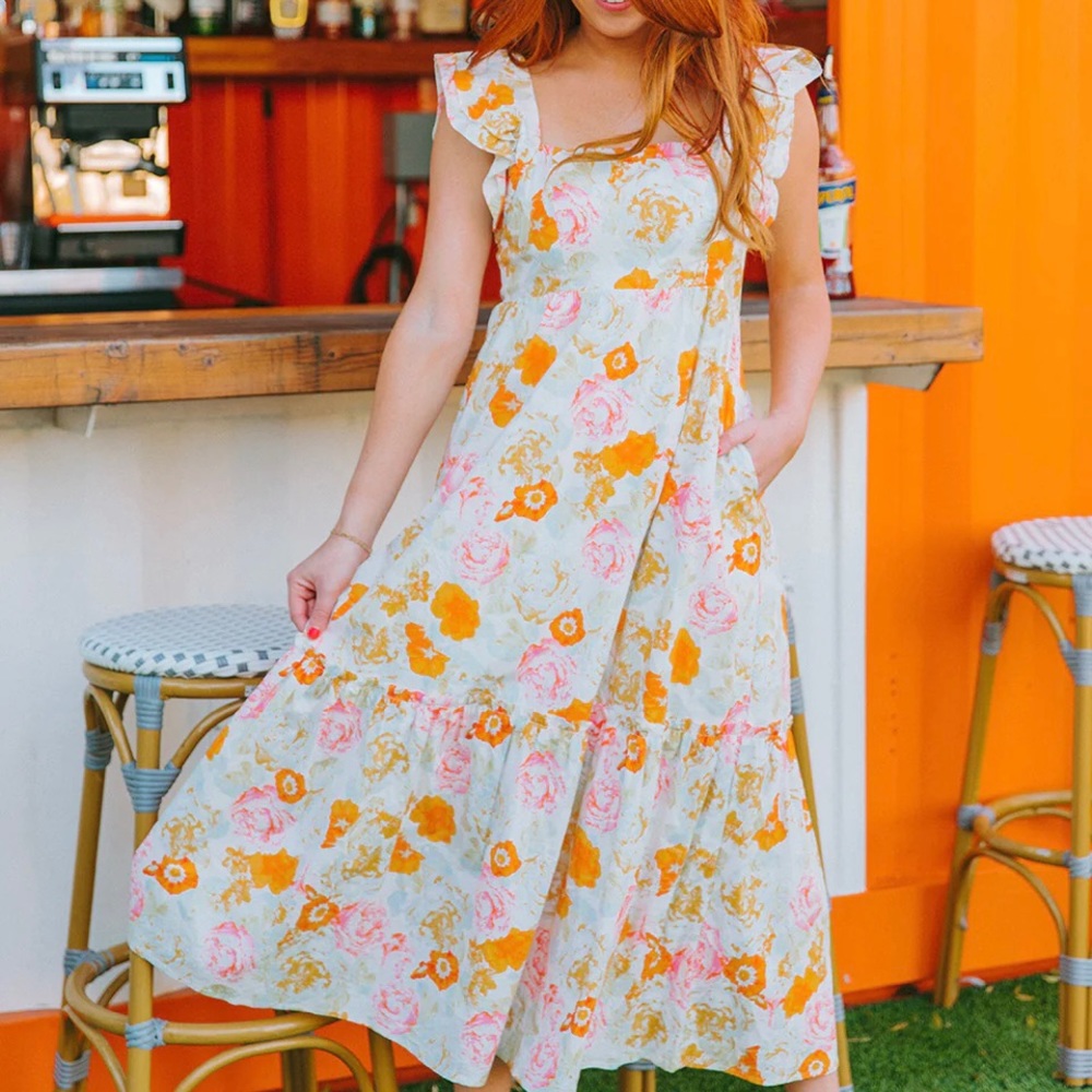 Buddy Love White Floral Midi Dress with Pink and Orange Blooms